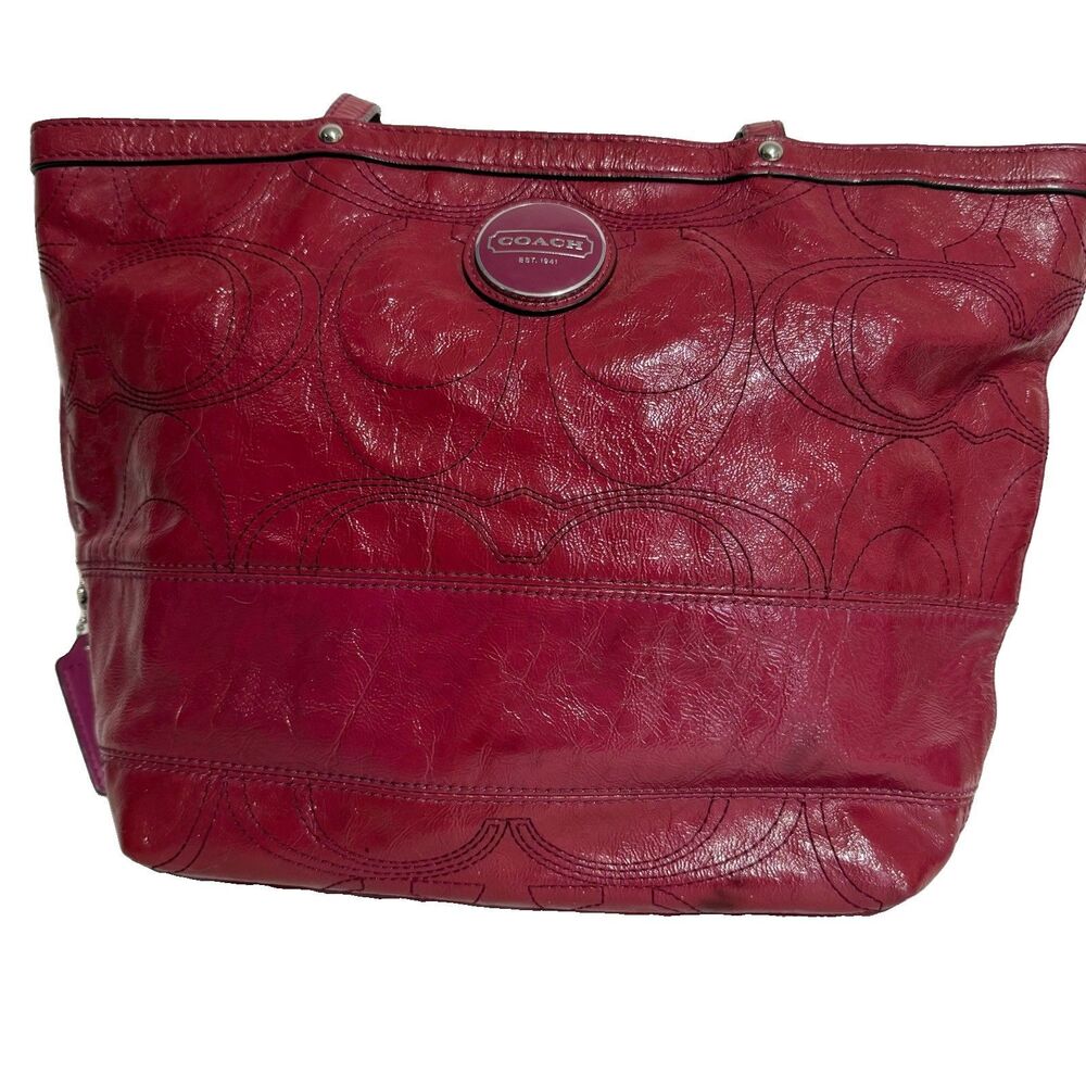 Coach Berry Pink Patent Leather Stitched C Signature Stripe Shoulder Bag. - Picture 2 of 16